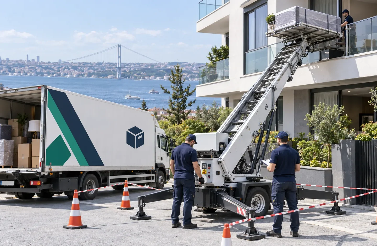 Güvenli kurulum için dış cephe platformunu kontrol eden ekip