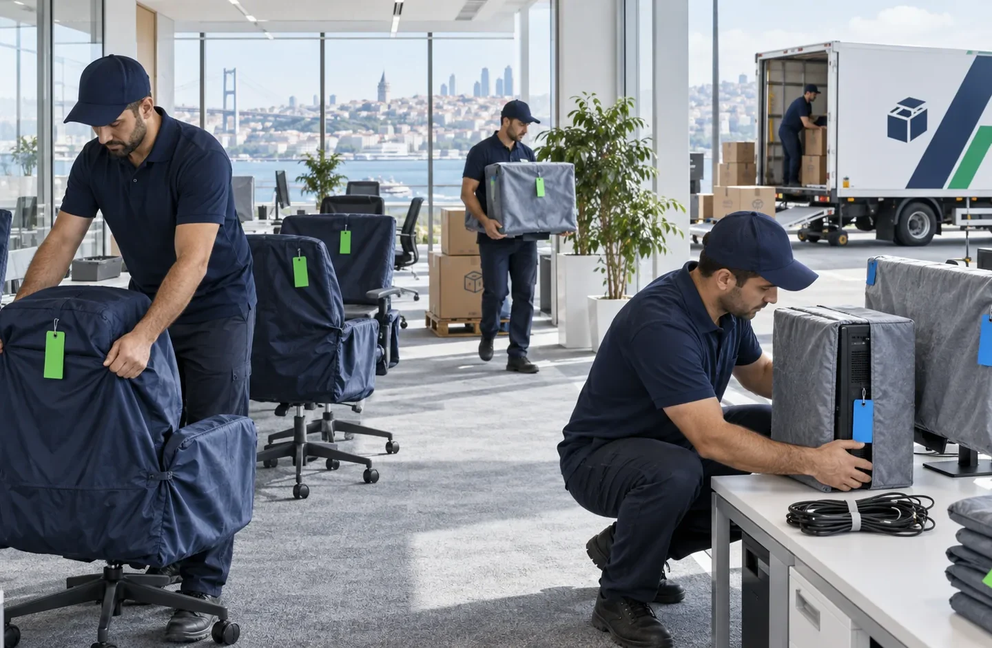 Ofis ekranlarını ve çalışma ekipmanlarını koruyan ekip