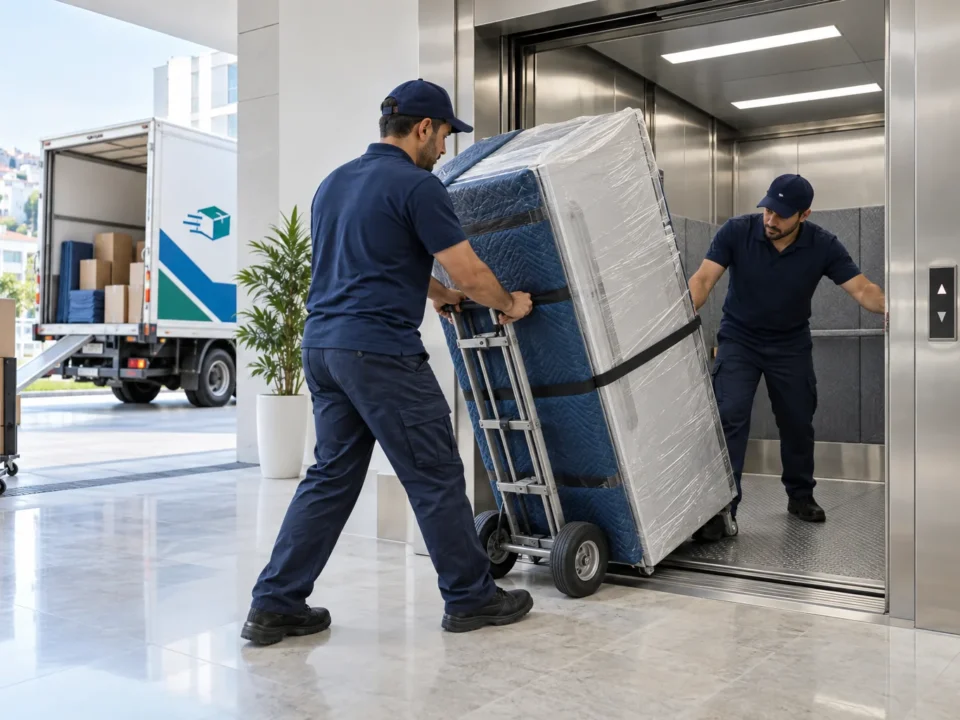 Korumalı eşyayı servis asansörüne taşıyan çalışan