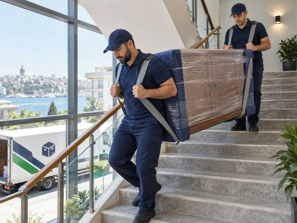 Korumalı mobilyayı merdivenden taşıyan ekip