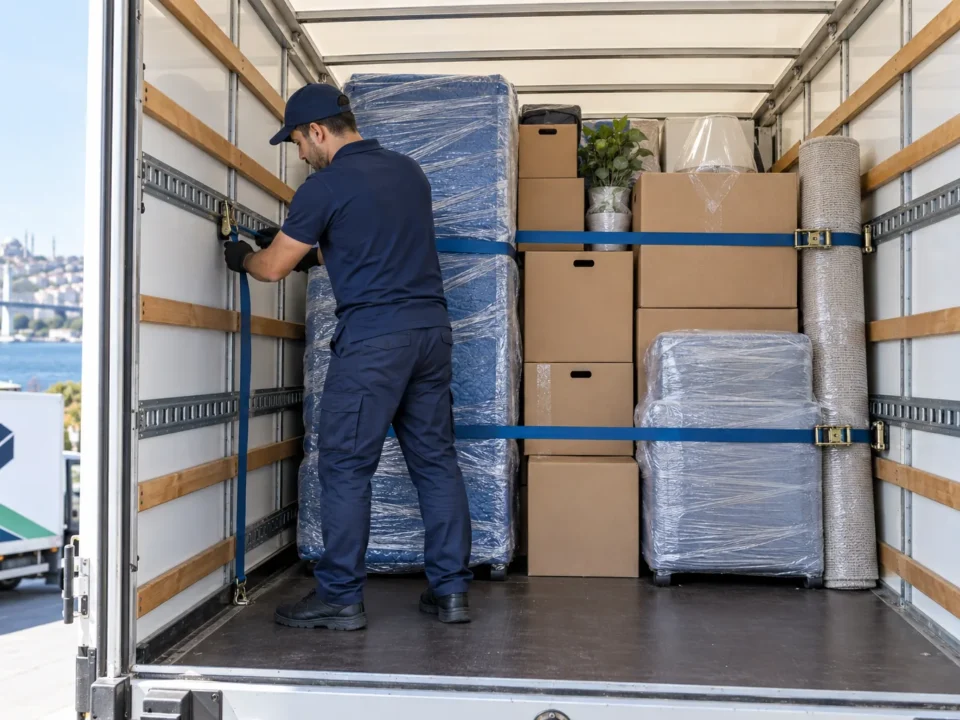 Araçta paketli eşyaları kayışlarla sabitleyen çalışan