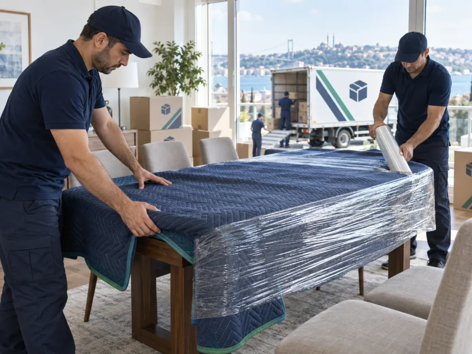 Yemek masasını koruyucu malzemeyle paketleyen ekip